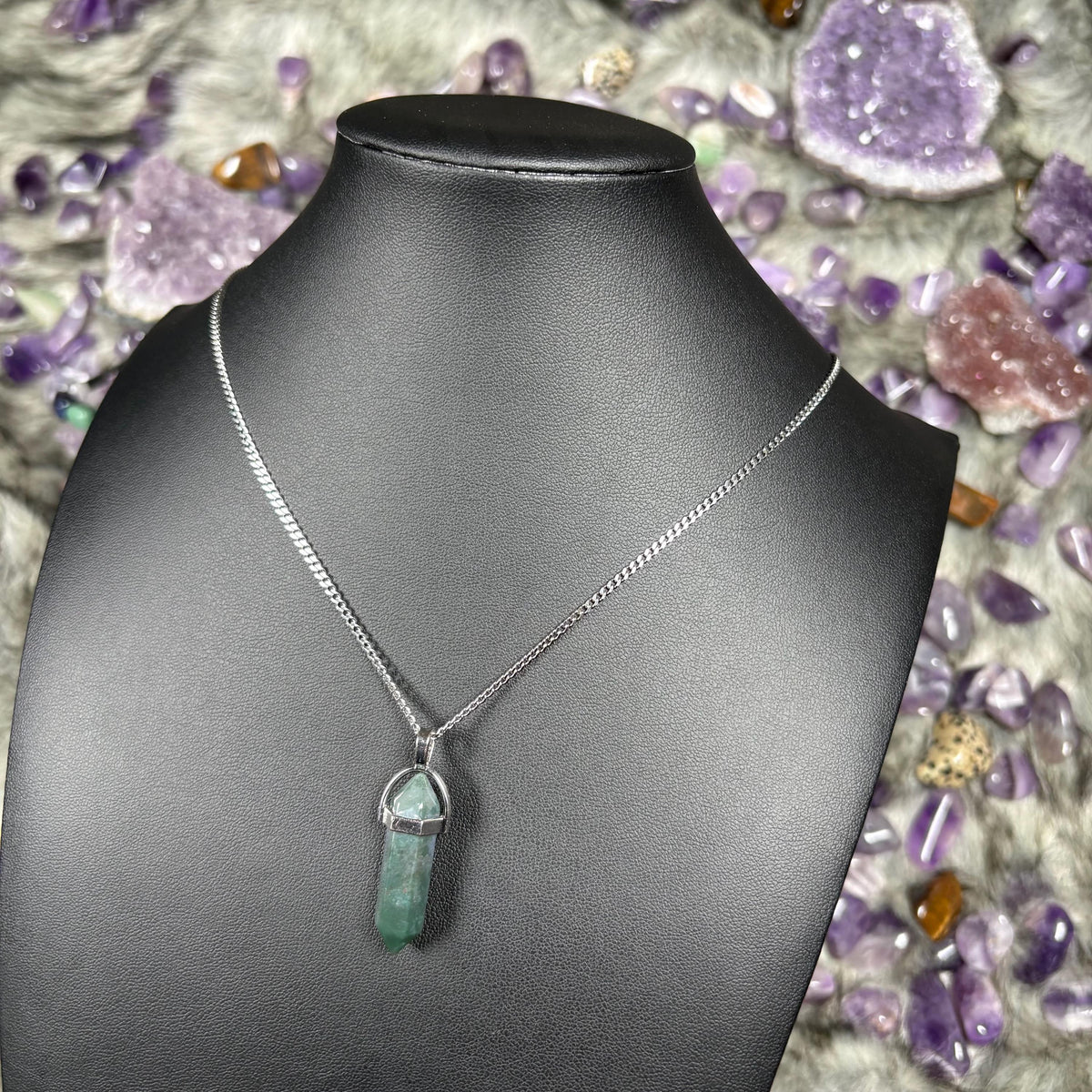 Green Moss Agate Hexagonal Double-Terminated Silver Stainless Steel Chain Necklace