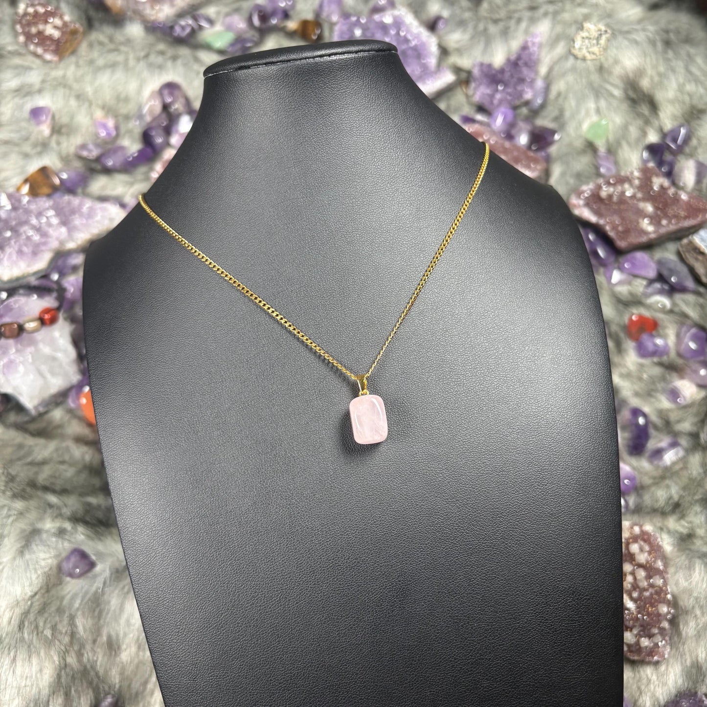 Rose Quartz Crystal Gold Stainless Steel Chain Necklace