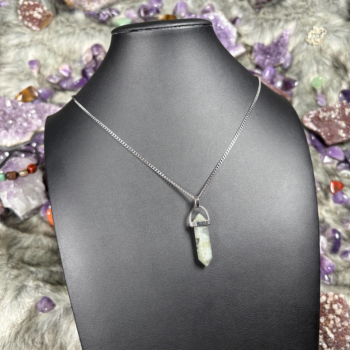 Labradorite Hexagonal Double-Terminated Silver Stainless Steel Chain Necklace