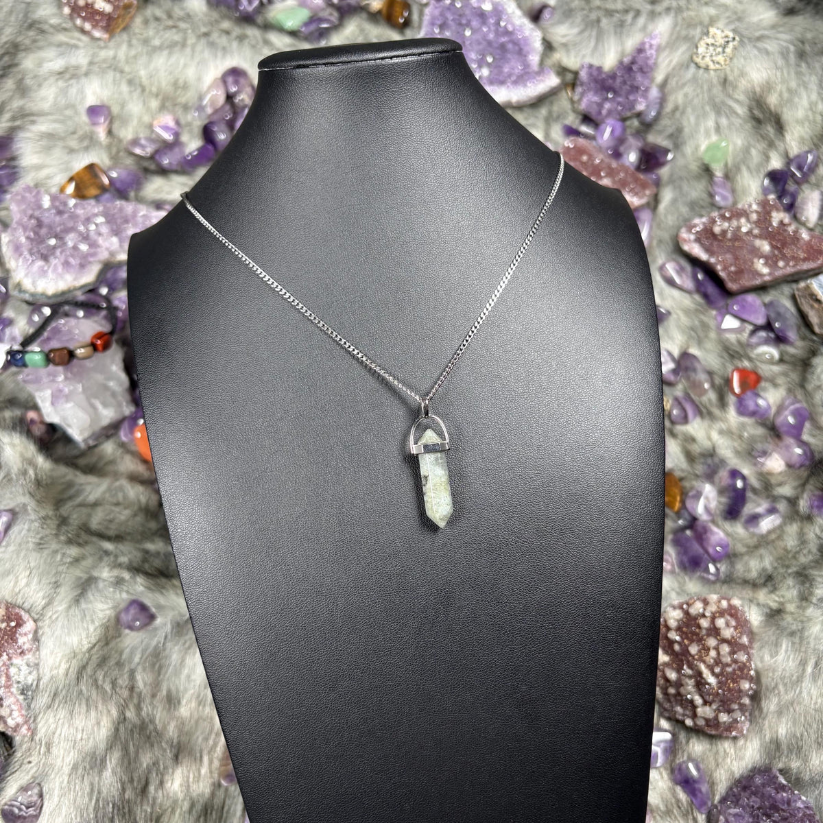 Labradorite Hexagonal Double-Terminated Silver Stainless Steel Chain Necklace