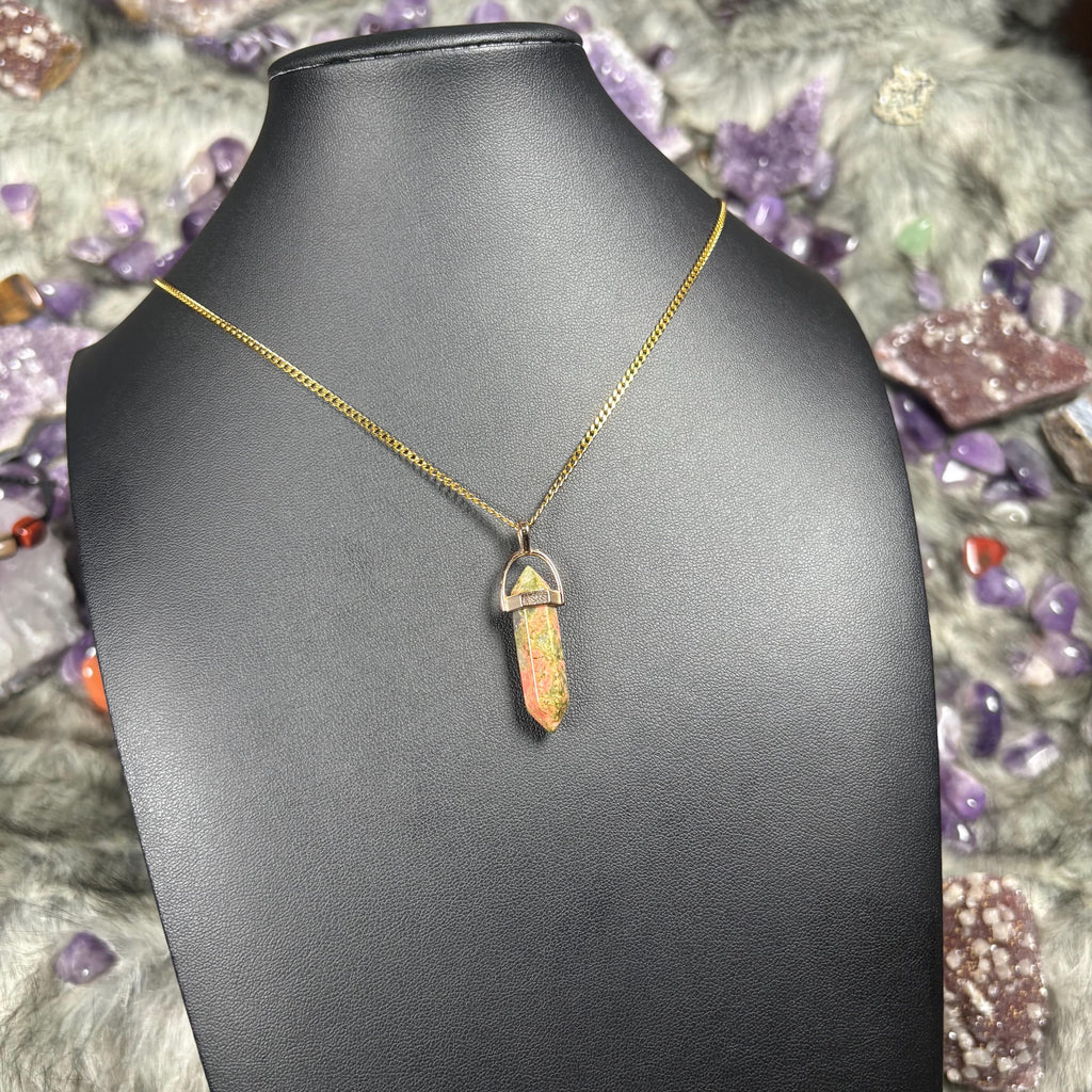 Unakite Hexagonal Double-Terminated Gold Stainless Steel Chain Necklace