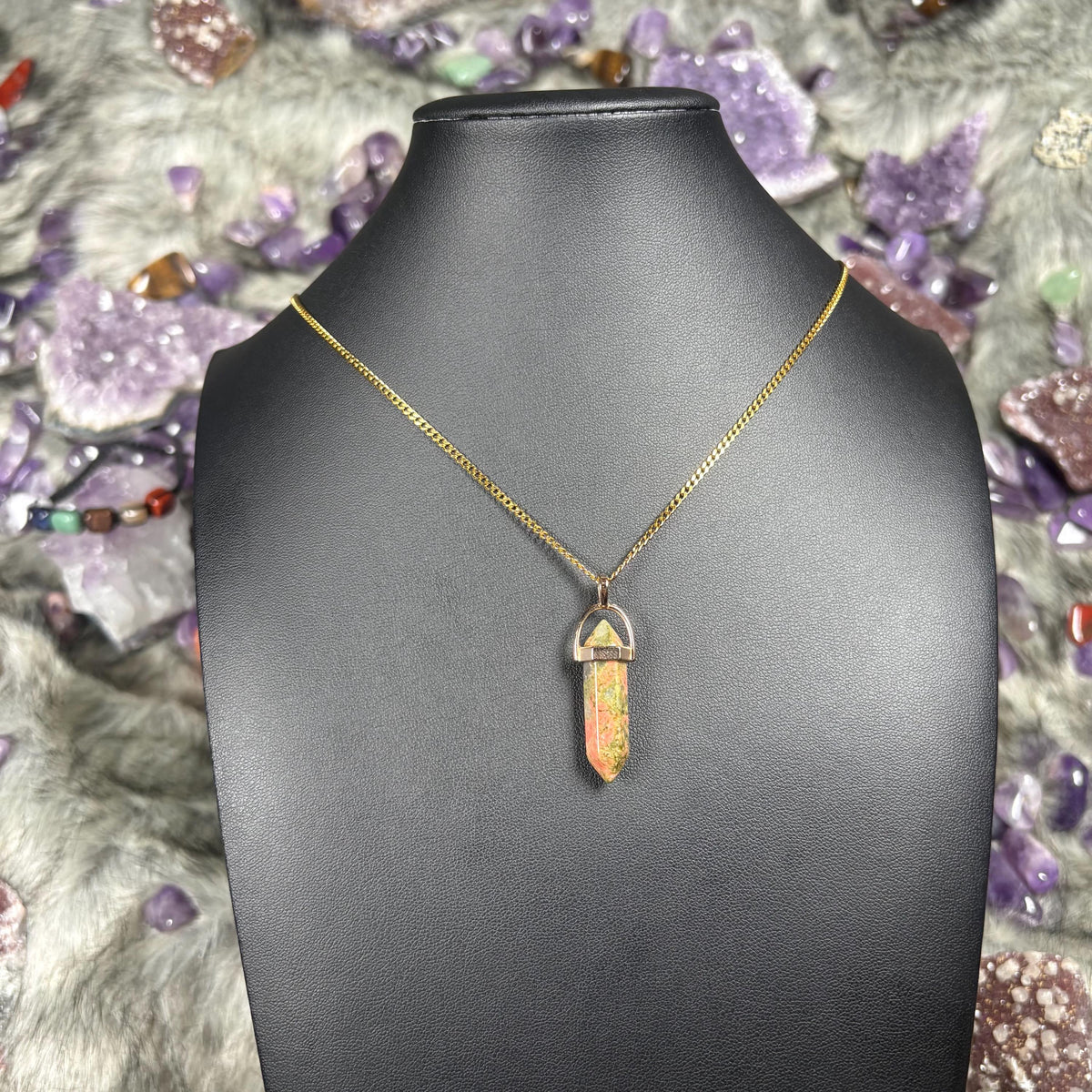 Unakite Hexagonal Double-Terminated Gold Stainless Steel Chain Necklace