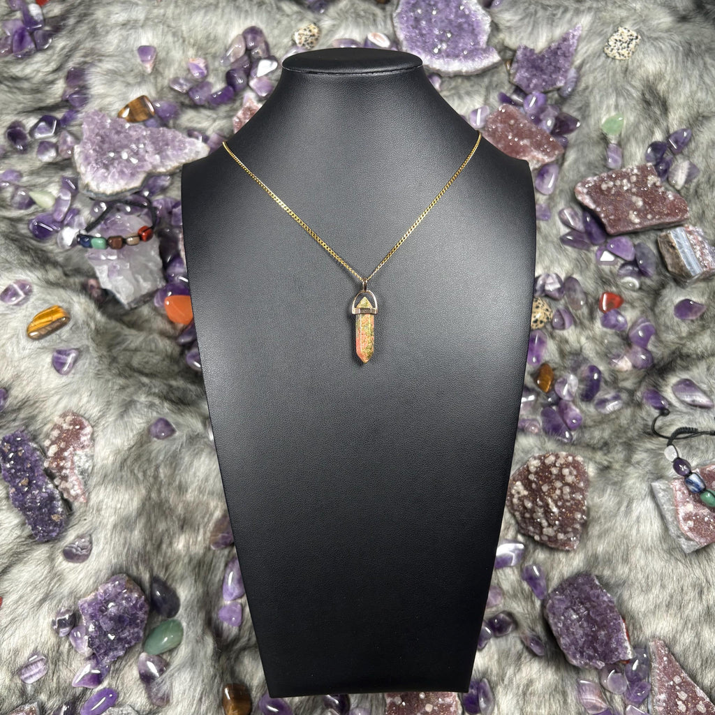 Unakite Hexagonal Double-Terminated Gold Stainless Steel Chain Necklace