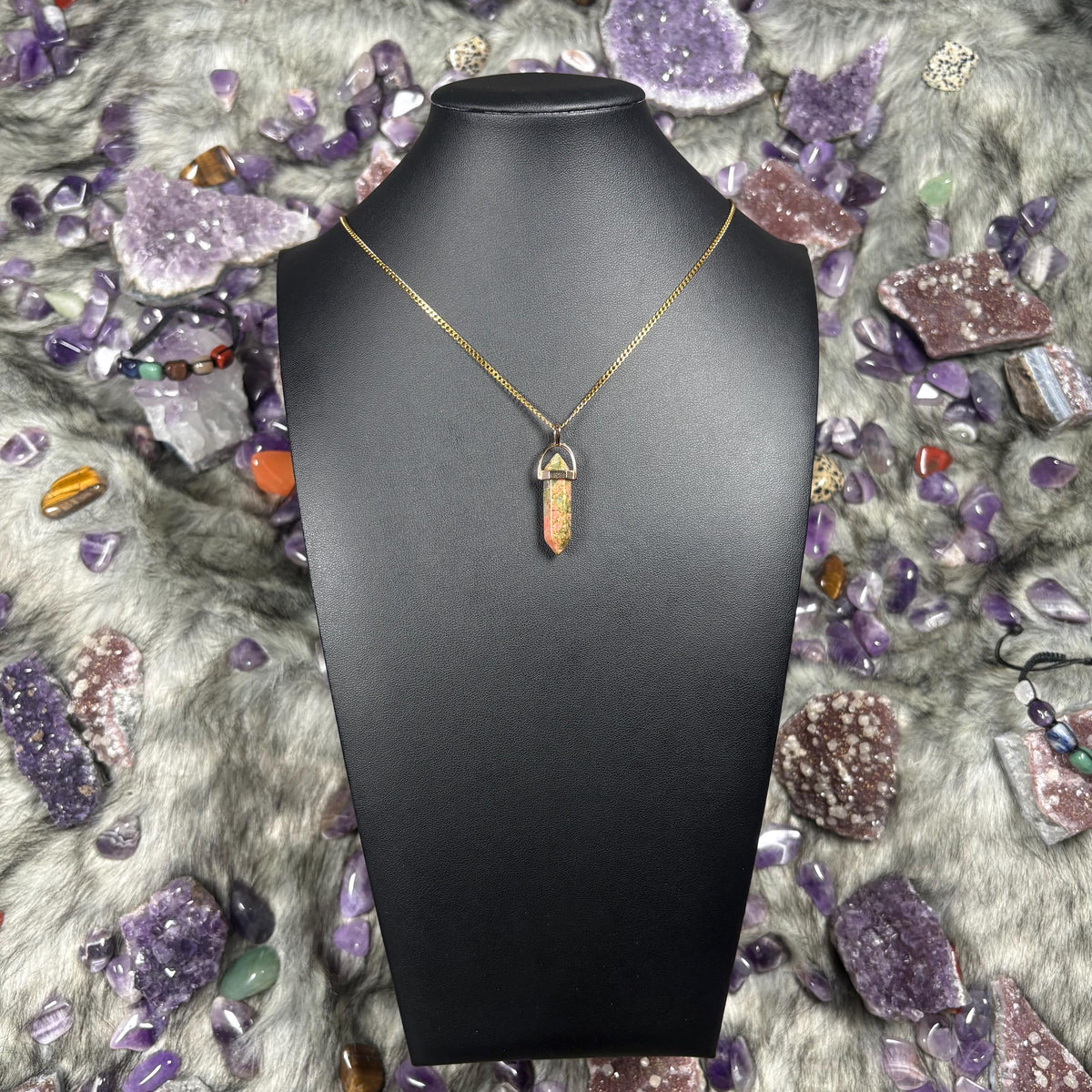 Unakite Hexagonal Double-Terminated Gold Stainless Steel Chain Necklace