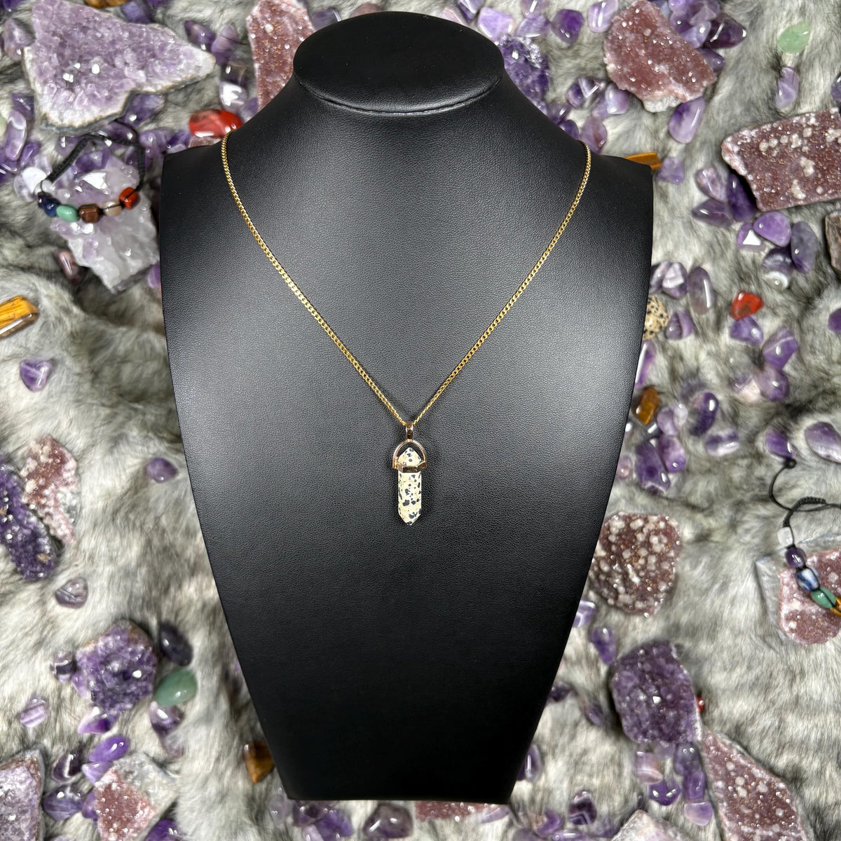 Dalmatian Jasper Hexagonal Double-Terminated Gold Stainless Steel Chain Necklace
