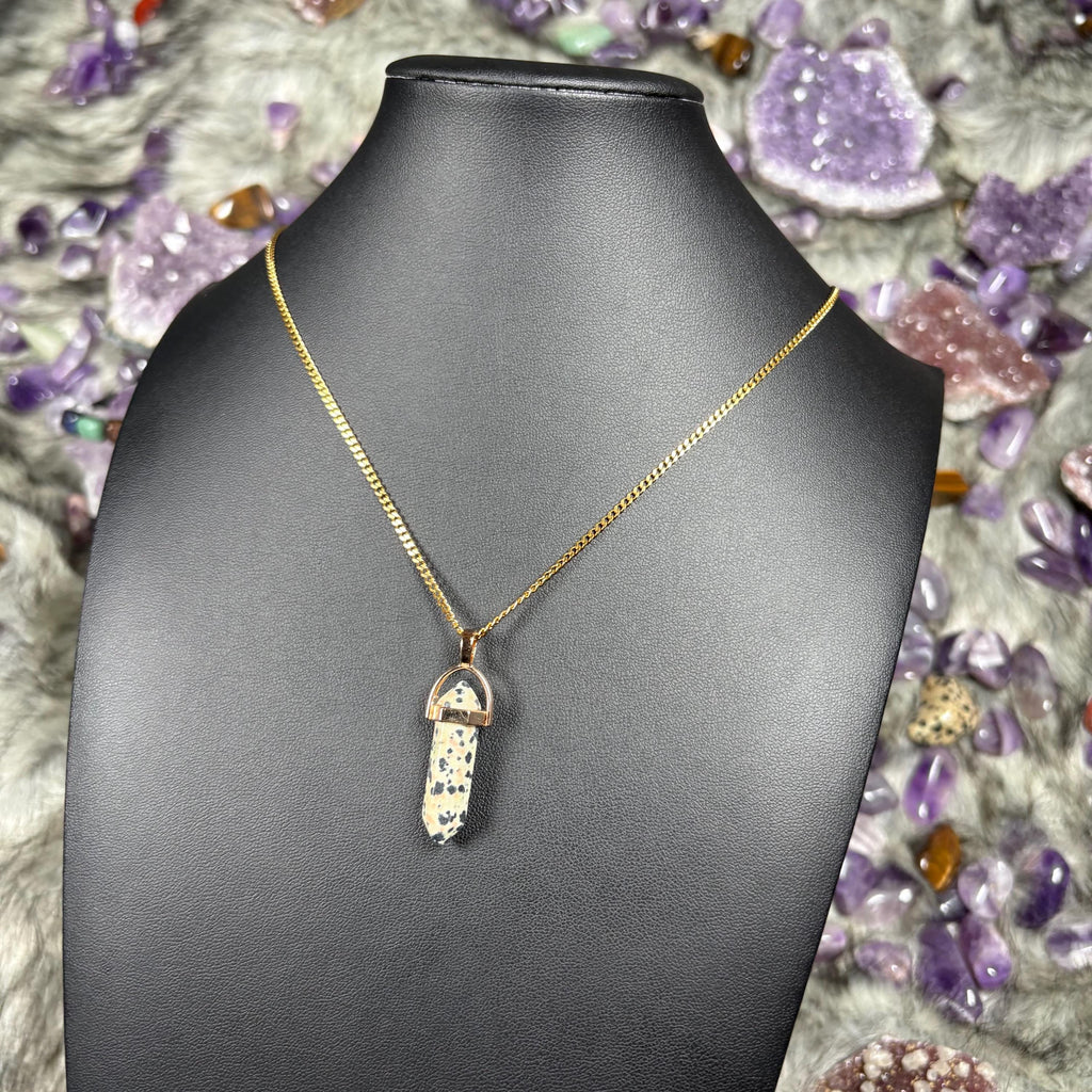 Dalmatian Jasper Hexagonal Double-Terminated Gold Stainless Steel Chain Necklace