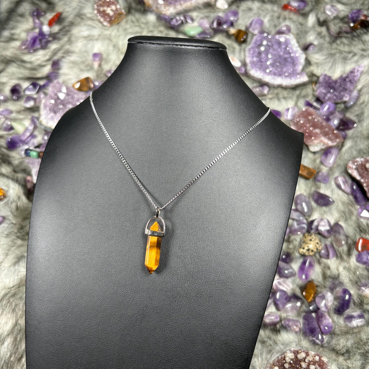 Tigers Eye Hexagonal Double-Terminated Silver Stainless Steel Chain Necklace