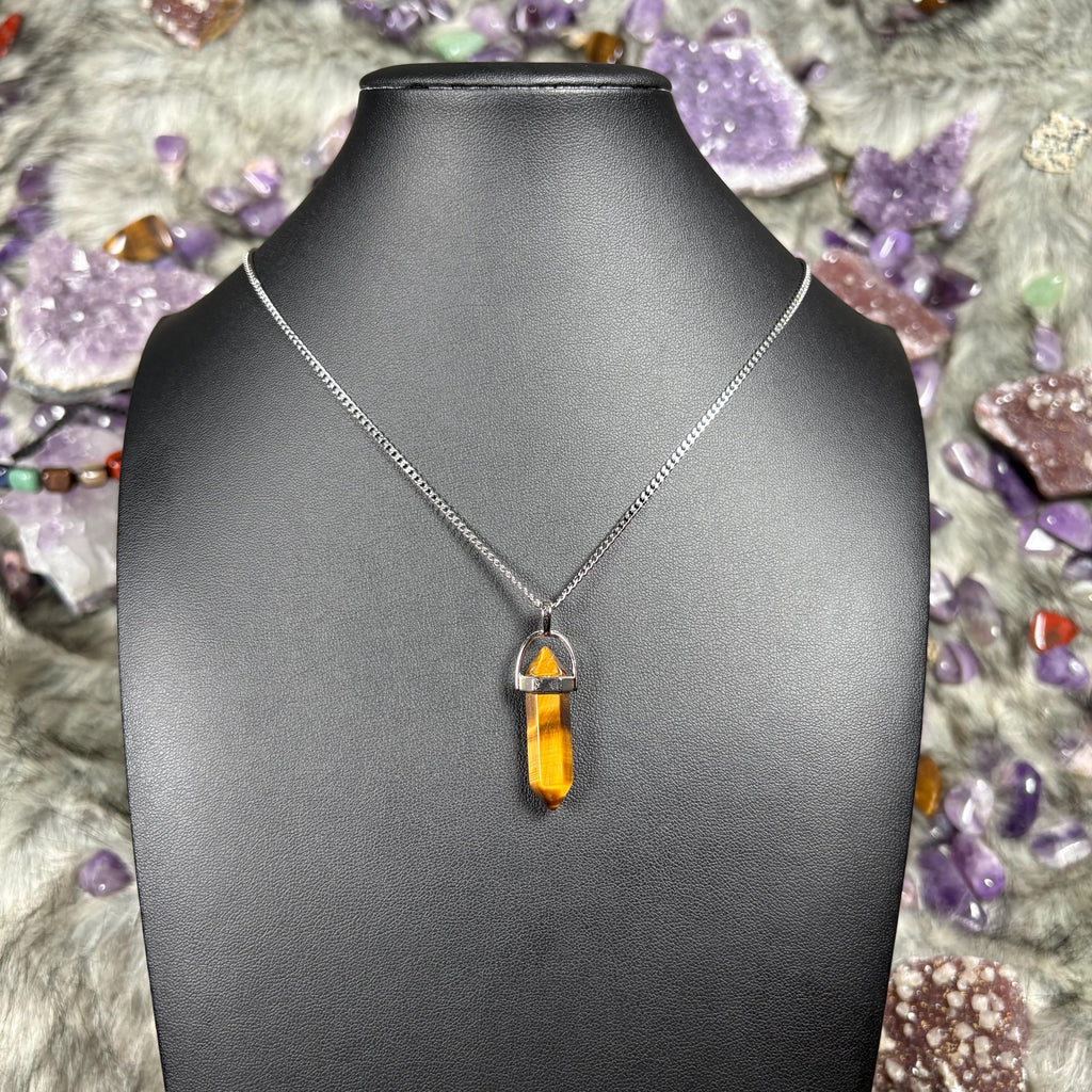 Tigers Eye Hexagonal Double-Terminated Silver Stainless Steel Chain Necklace