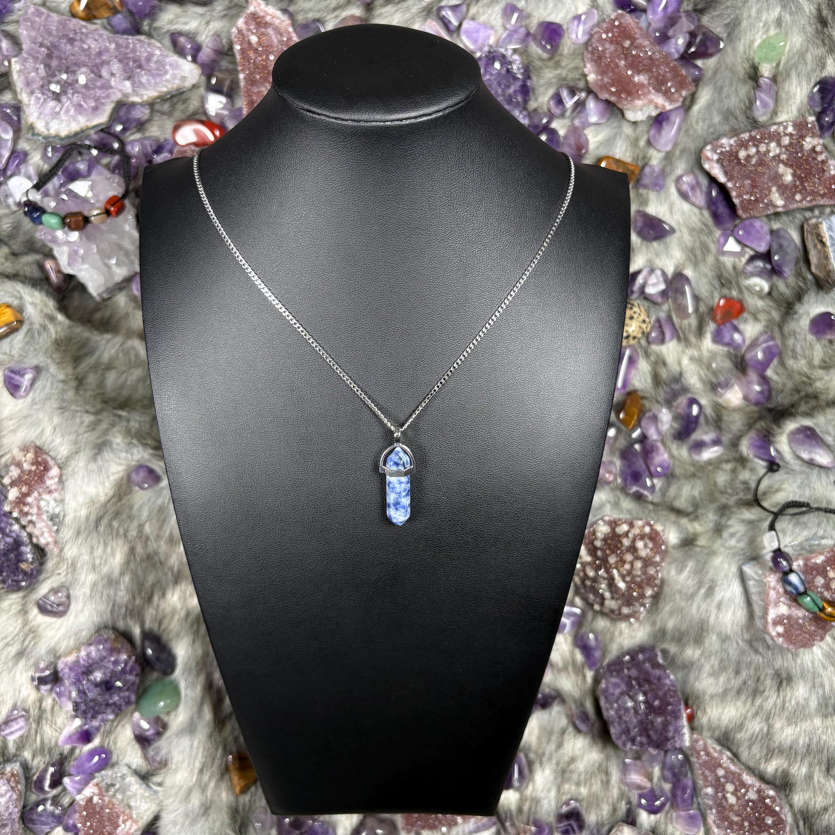 Blue Sodalite Hexagonal Double-Terminated Silver Stainless Steel Chain Necklace