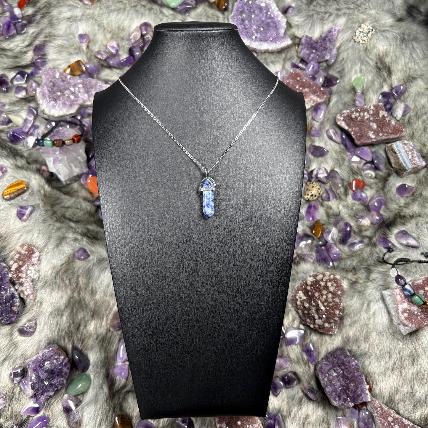 Blue Sodalite Hexagonal Double-Terminated Silver Stainless Steel Chain Necklace