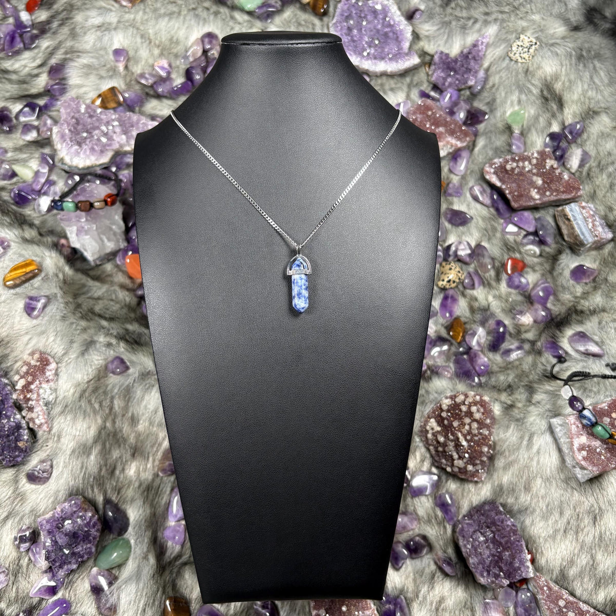 Blue Sodalite Hexagonal Double-Terminated Silver Stainless Steel Chain Necklace