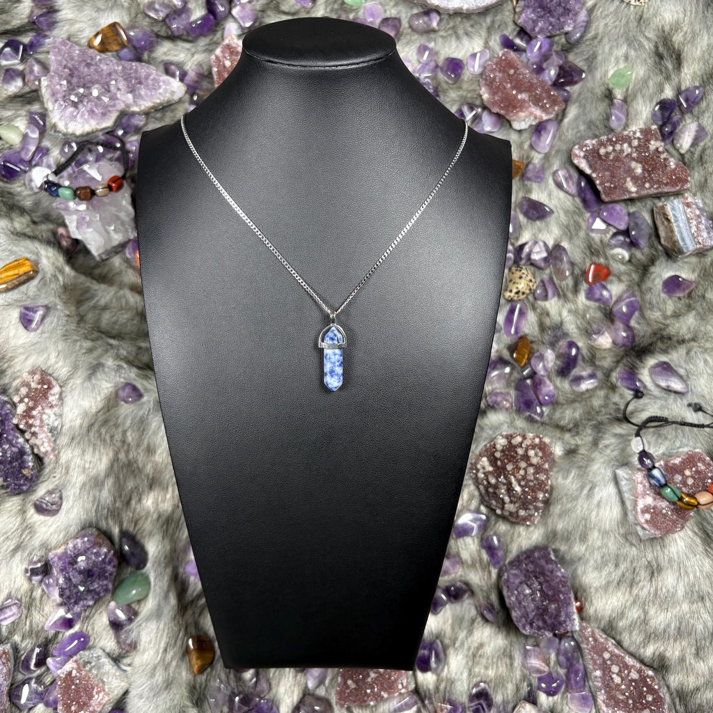 Blue Sodalite Hexagonal Double-Terminated Silver Stainless Steel Chain Necklace