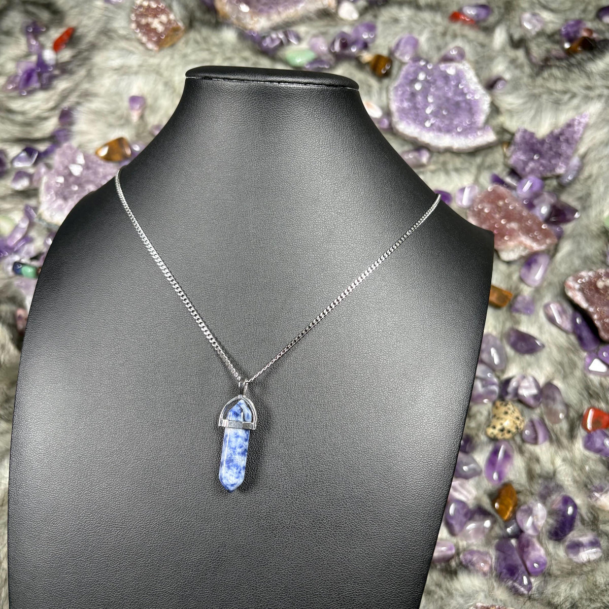 Blue Sodalite Hexagonal Double-Terminated Silver Stainless Steel Chain Necklace