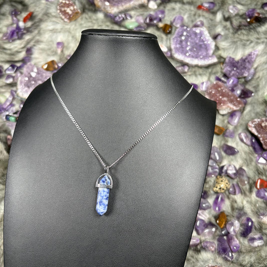 Blue Sodalite Hexagonal Double-Terminated Silver Stainless Steel Chain Necklace