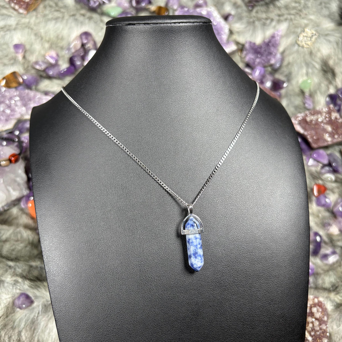 Blue Sodalite Hexagonal Double-Terminated Silver Stainless Steel Chain Necklace