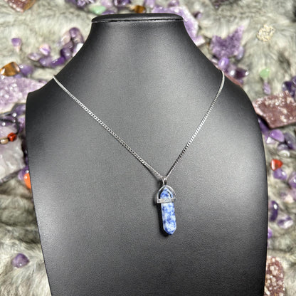 Blue Sodalite Hexagonal Double-Terminated Silver Stainless Steel Chain Necklace