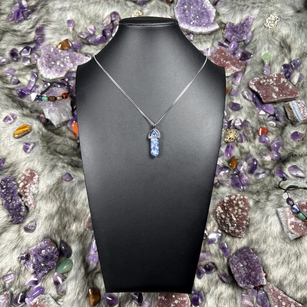 Blue Sodalite Hexagonal Double-Terminated Silver Stainless Steel Chain Necklace