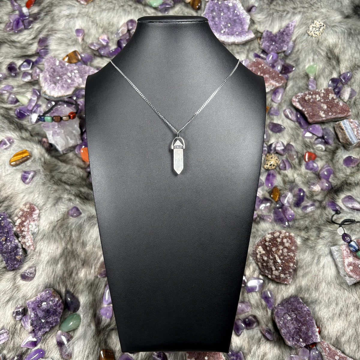 Map Stone Jasper Hexagonal Double Terminated Silver Stainless Steel Chain Necklace