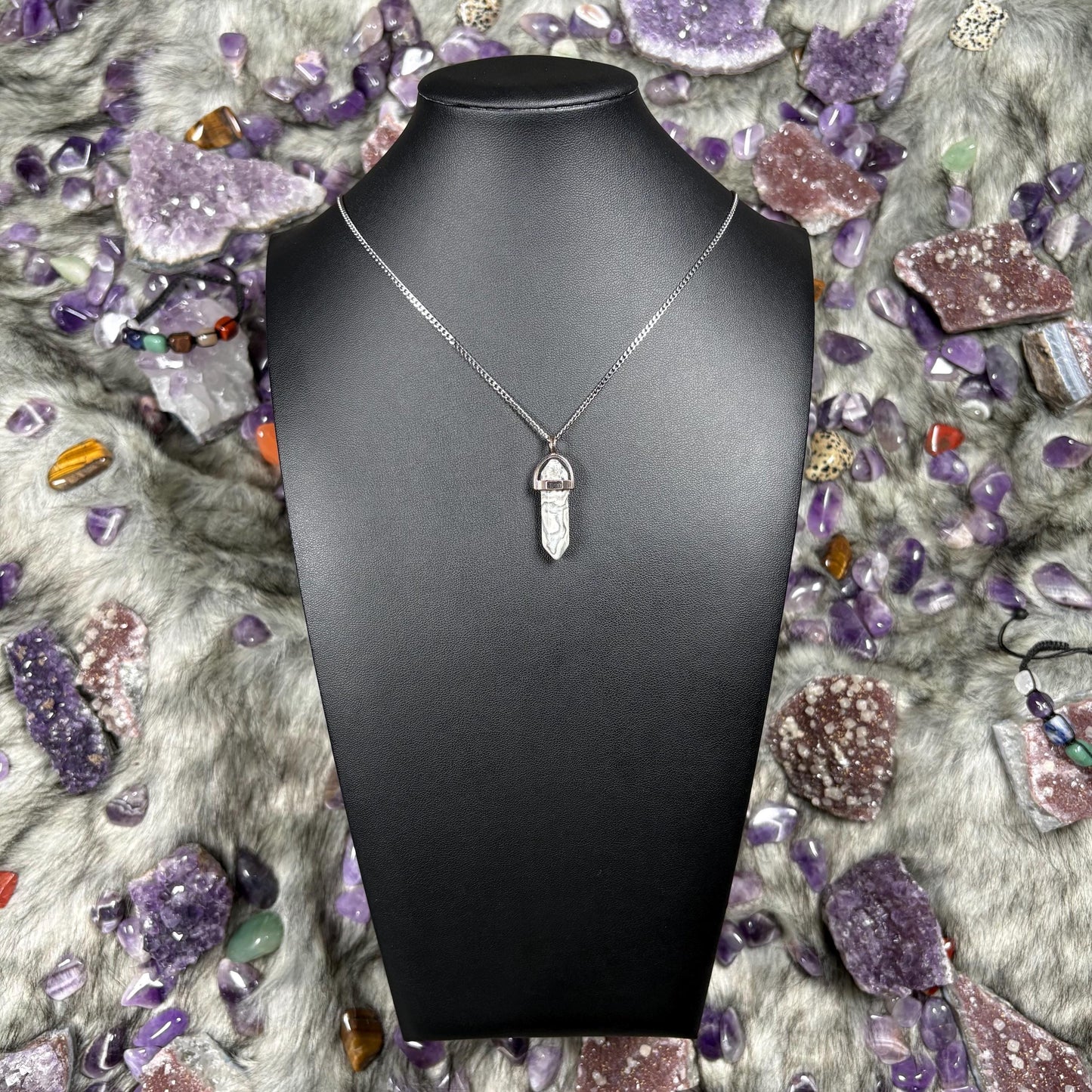Map Stone Jasper Hexagonal Double Terminated Silver Stainless Steel Chain Necklace
