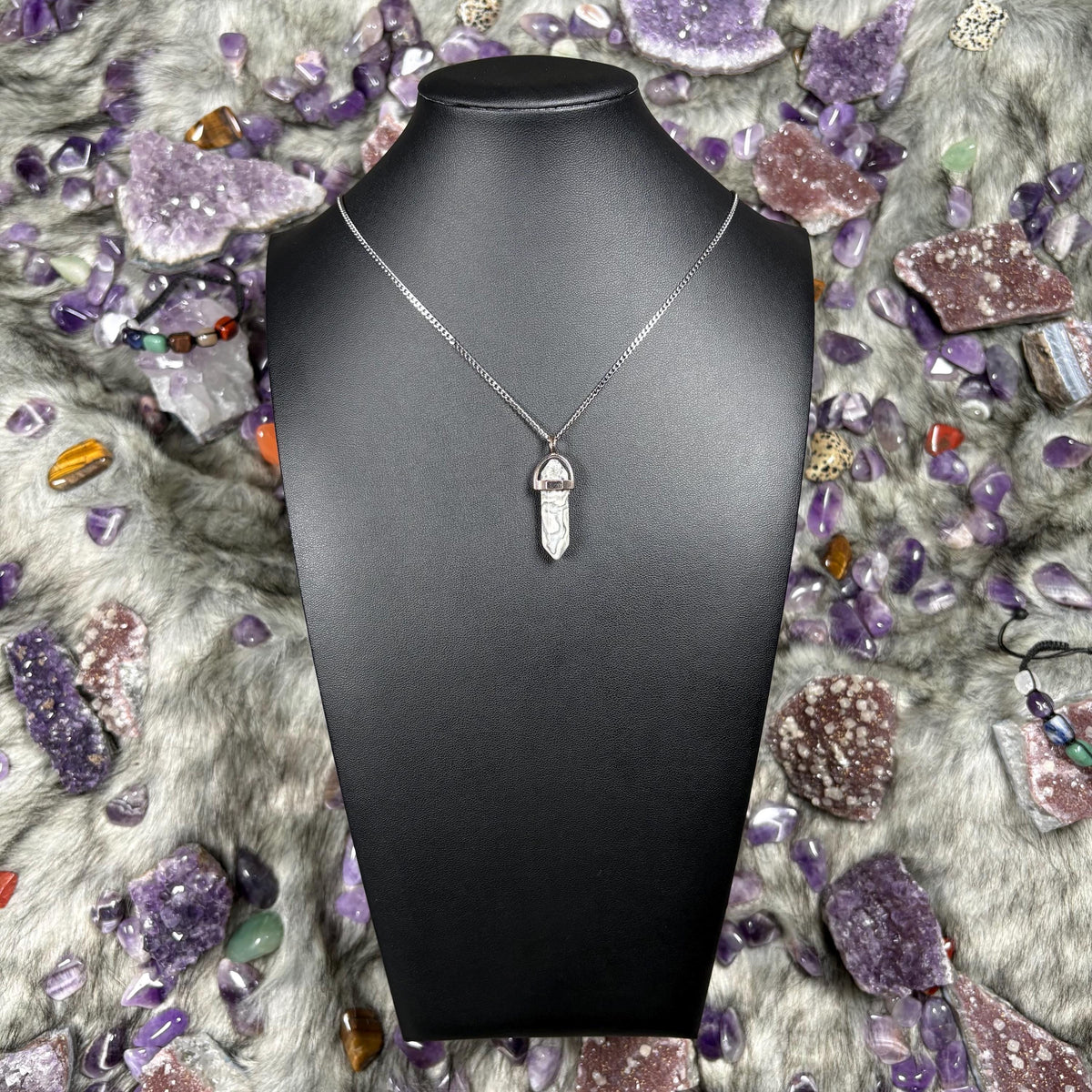 Map Stone Jasper Hexagonal Double Terminated Silver Stainless Steel Chain Necklace