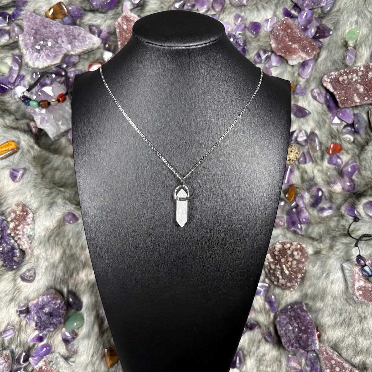 Map Stone Jasper Hexagonal Double Terminated Silver Stainless Steel Chain Necklace