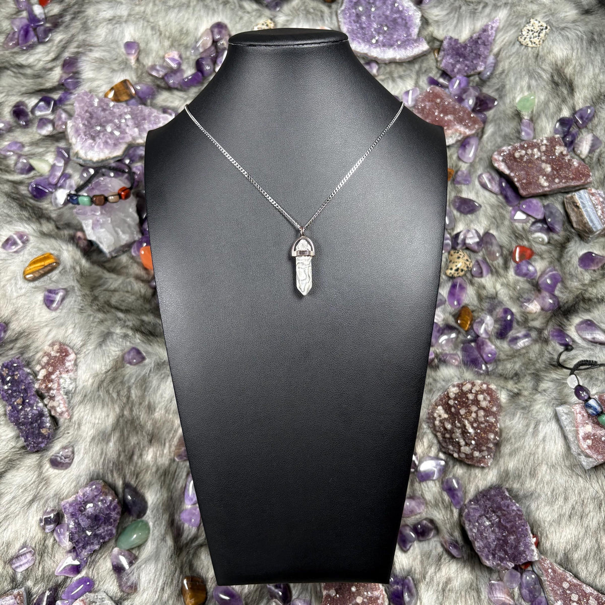 Map Stone Jasper Hexagonal Double Terminated Silver Stainless Steel Chain Necklace