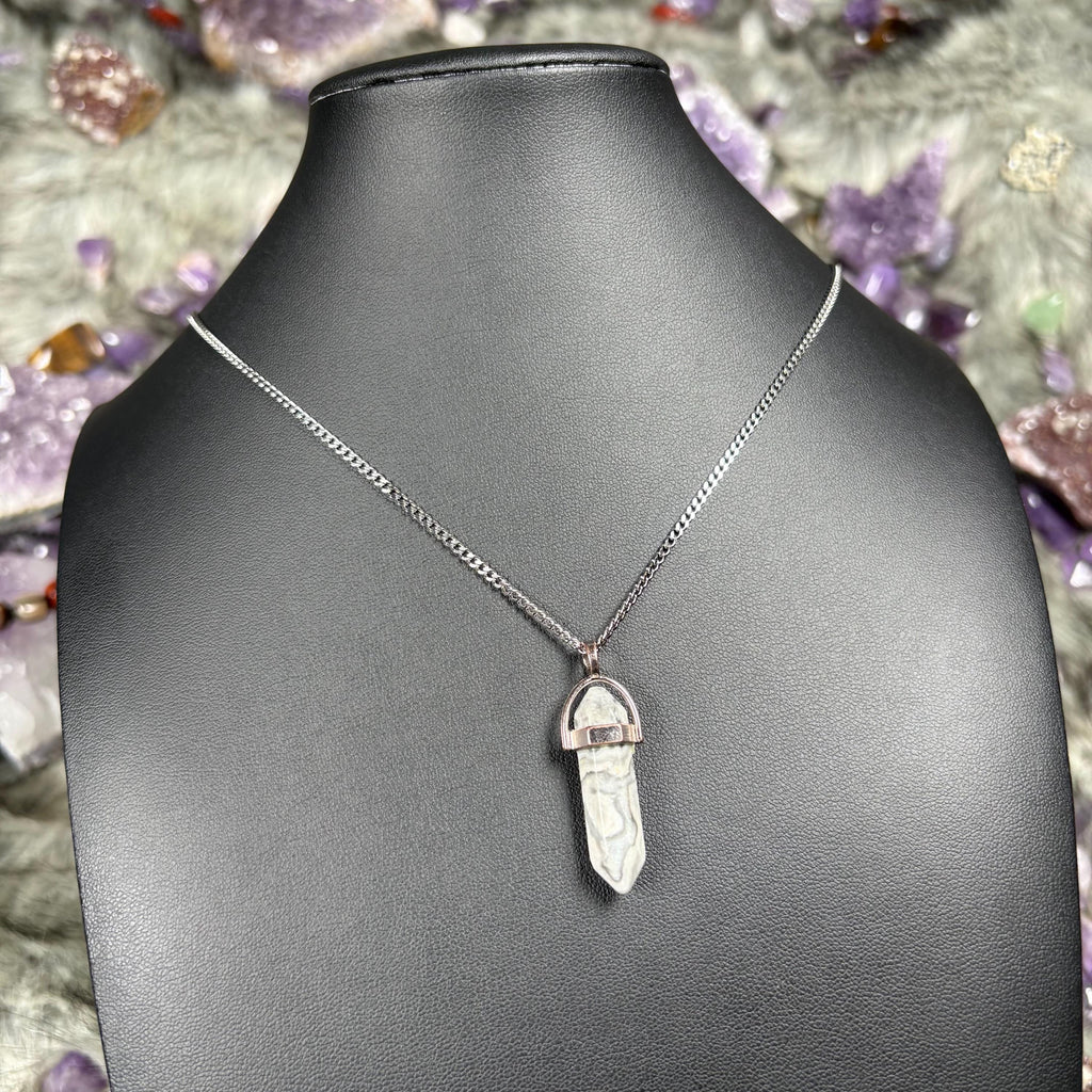 Map Stone Jasper Hexagonal Double Terminated Silver Stainless Steel Chain Necklace